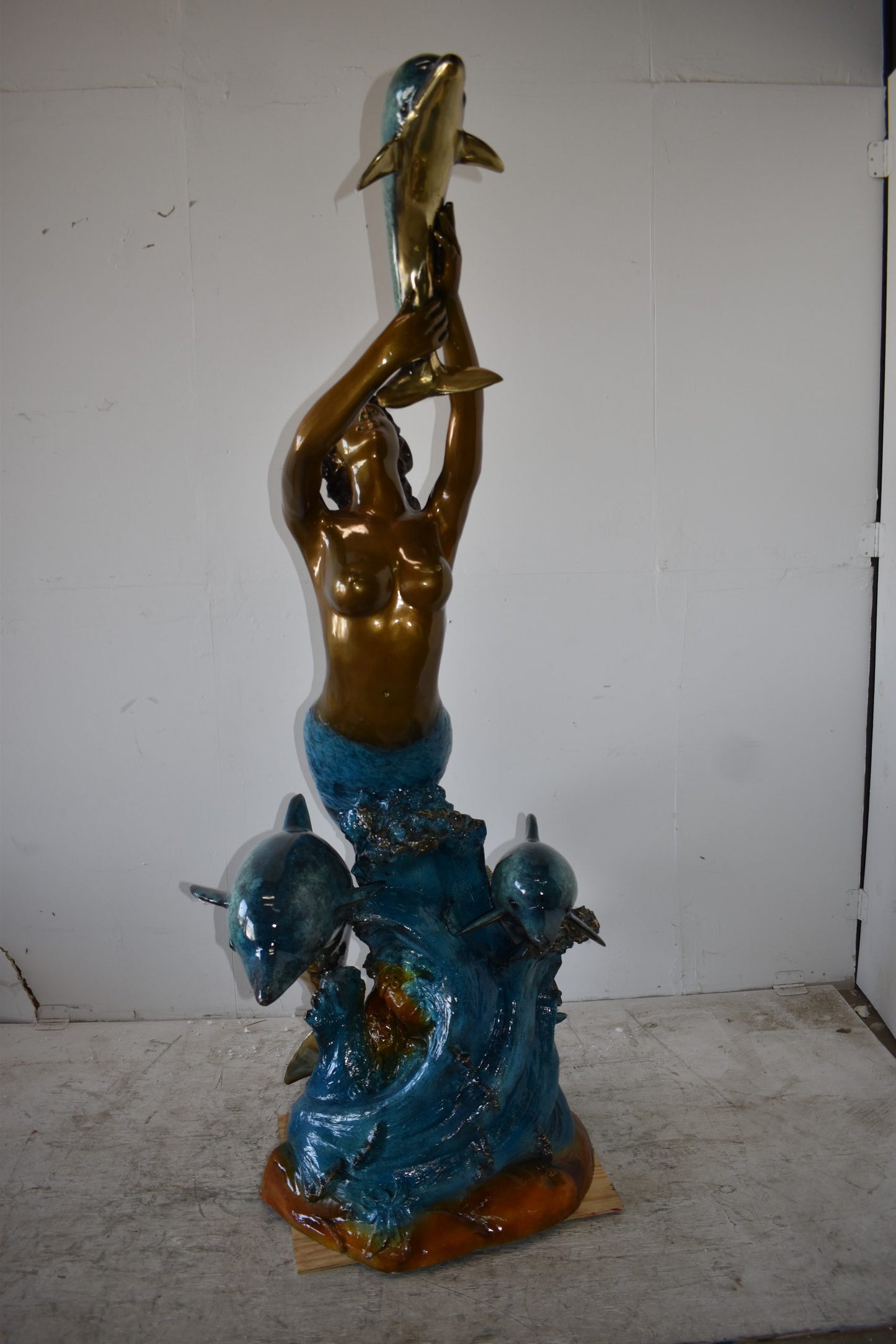 Mermaid W Three Dolphins Fountain Enameled Bronze Statue Size: 34" x 41" x 83"H
