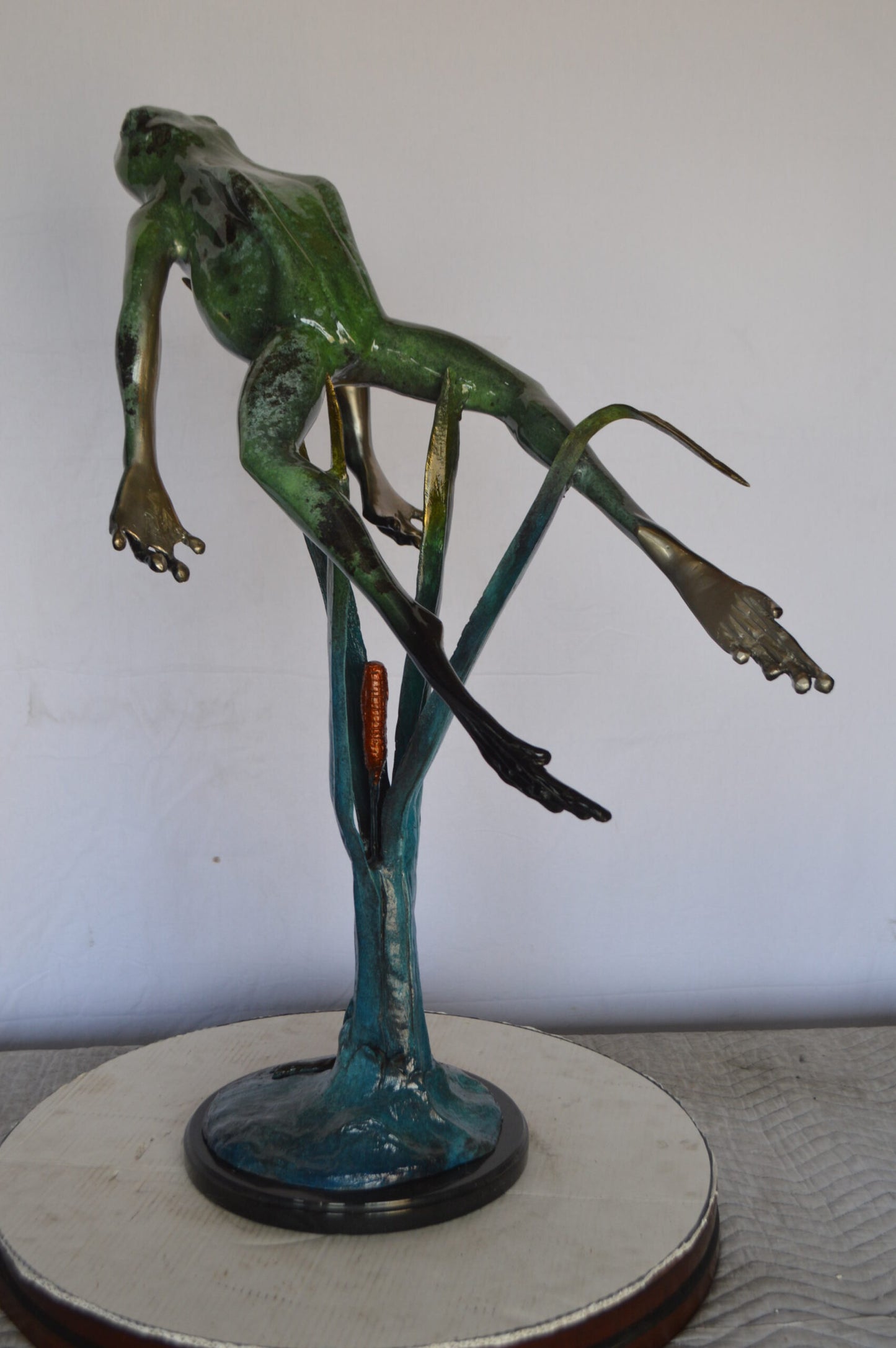 Large Frog Jumping Up Bronze Statue on a Marble - Size: 30"L x 14"W x 34"H.