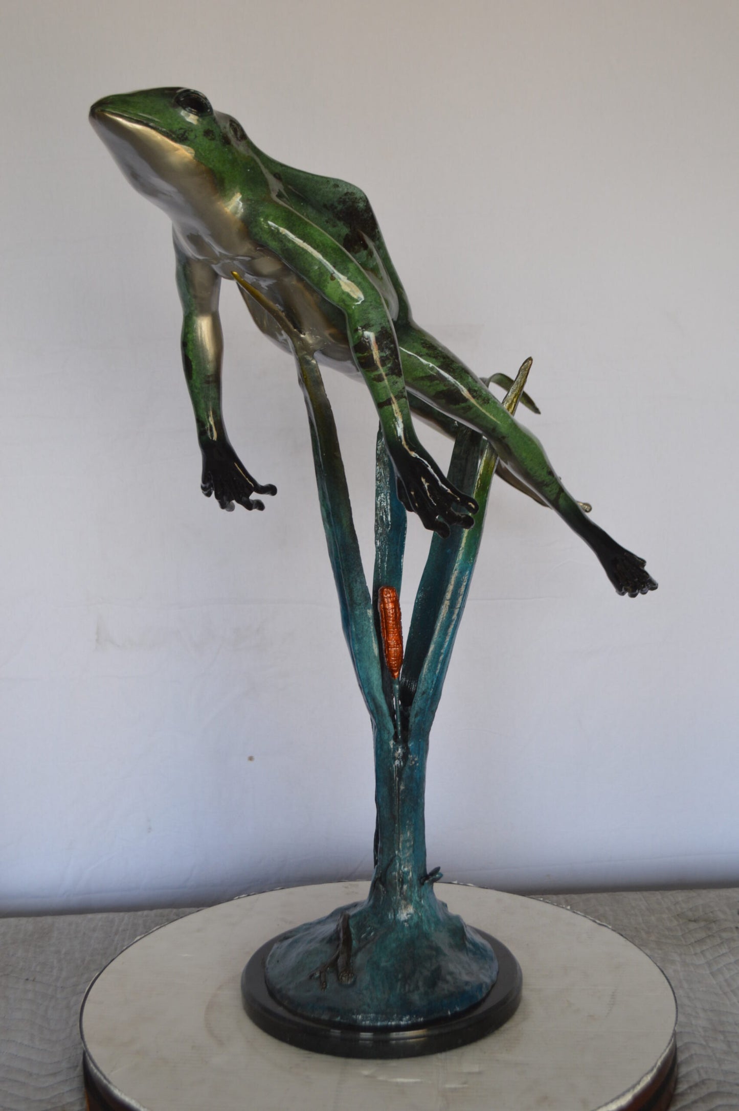 Large Frog Jumping Up Bronze Statue on a Marble - Size: 30"L x 14"W x 34"H.