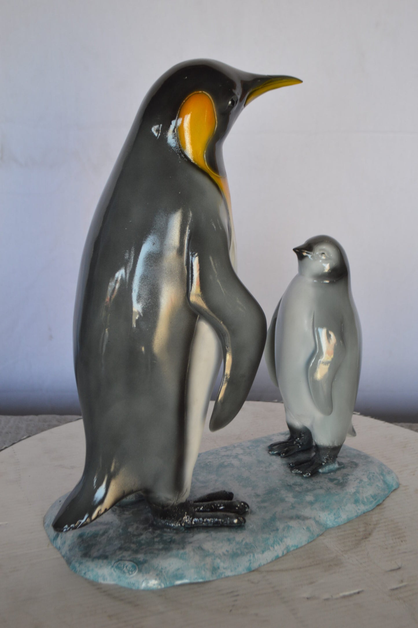 Penguin and Her Baby Standing Bronze Statue - Size: 14"L x 9"W x 19"H.