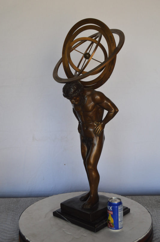 Man with Sundial on his Back Bronze Statue -  Size: 14"L x 12"W x 35"H.