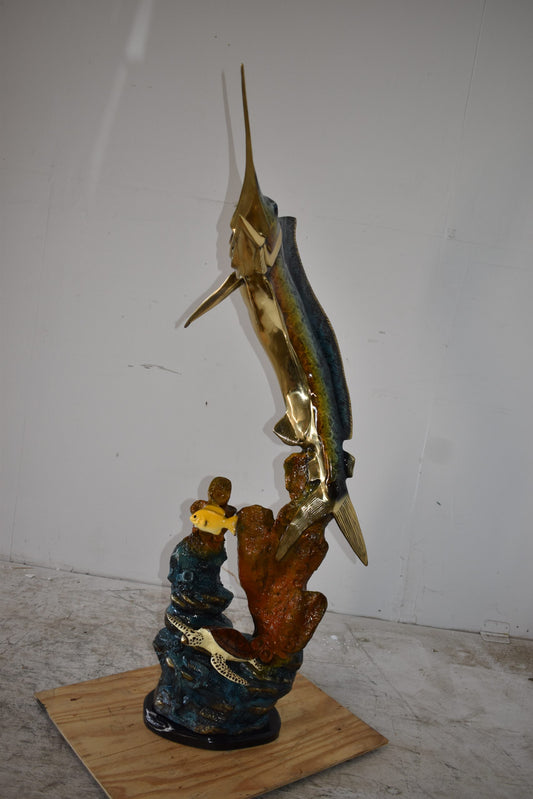 Marlin Fish and Turtle Swimming in the Ocean Bronze Statue Size 20" x 18" x 53"H