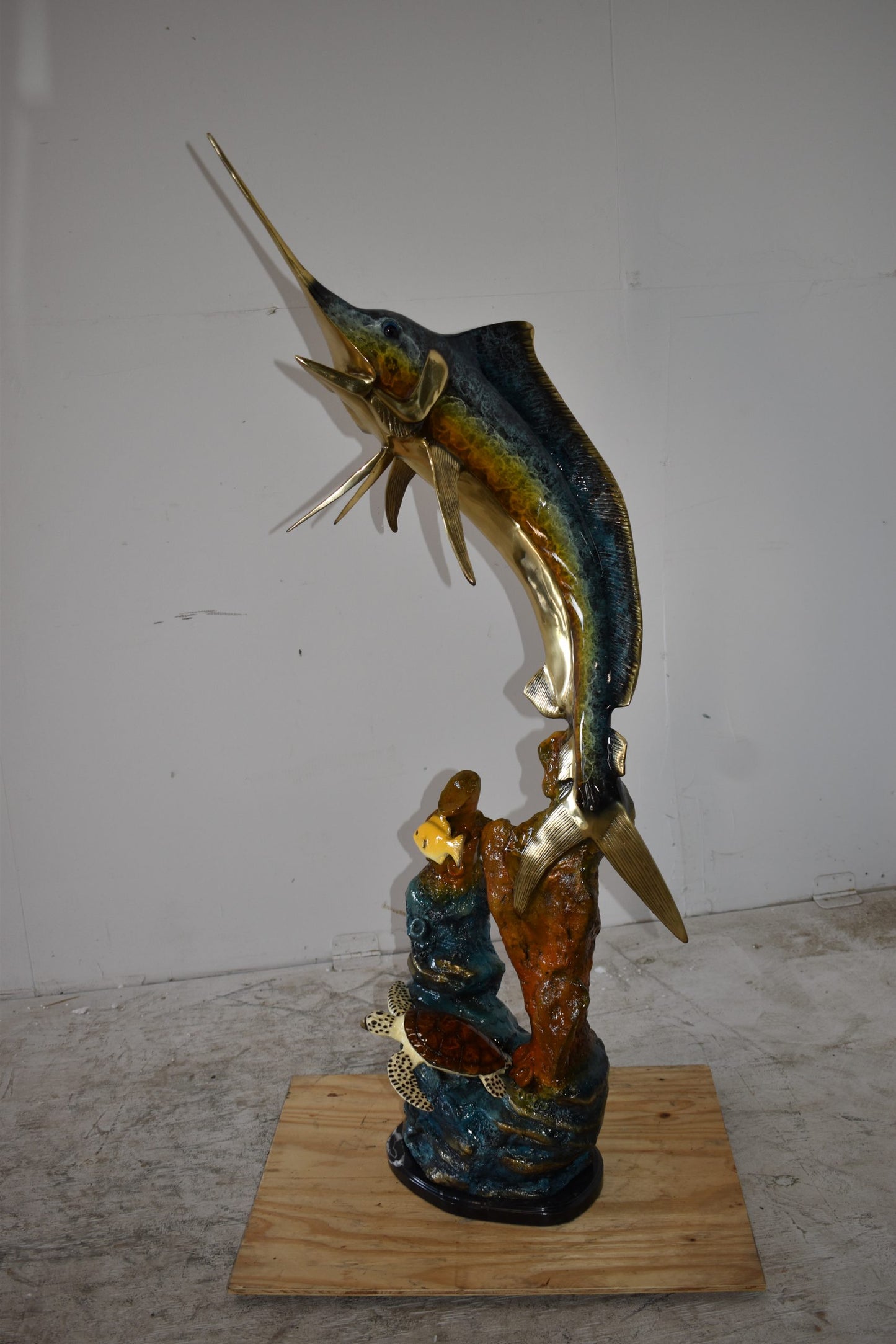 Marlin Fish and Turtle Swimming in the Ocean Bronze Statue Size 20" x 18" x 53"H