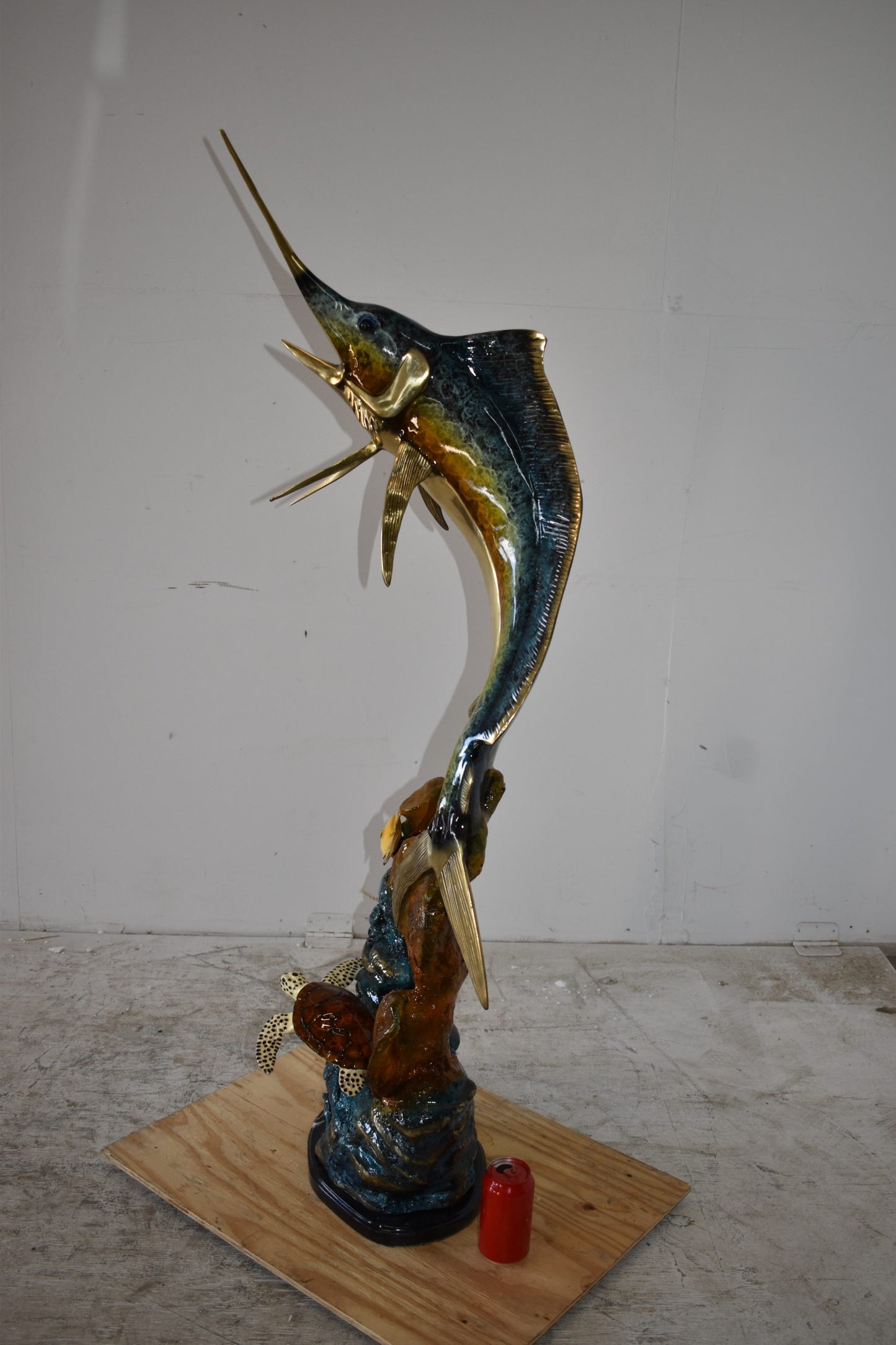 Marlin Fish and Turtle Swimming in the Ocean Bronze Statue Size 20" x 18" x 53"H