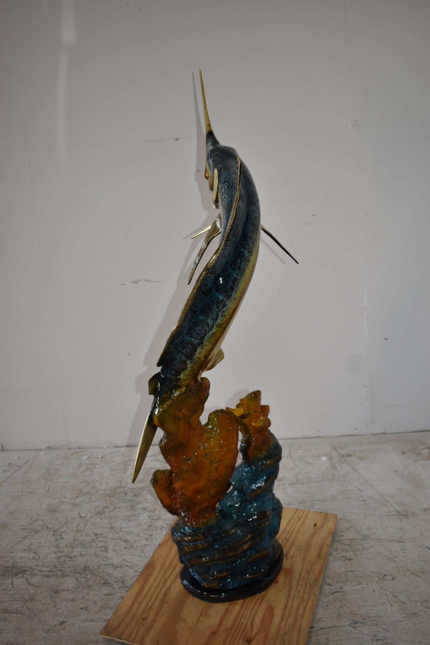 Marlin Fish and Turtle Swimming in the Ocean Bronze Statue Size 20" x 18" x 53"H