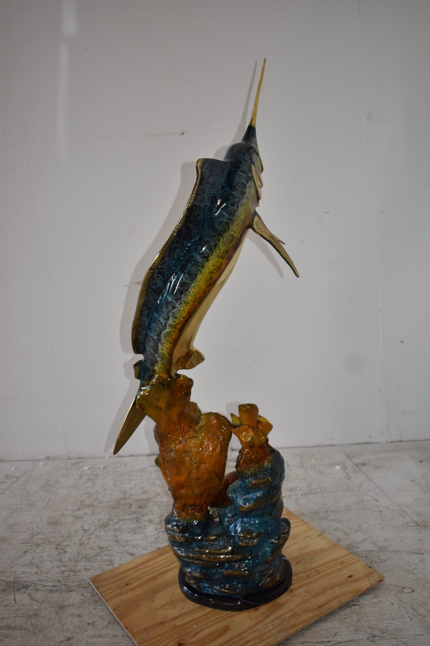 Marlin Fish and Turtle Swimming in the Ocean Bronze Statue Size 20" x 18" x 53"H