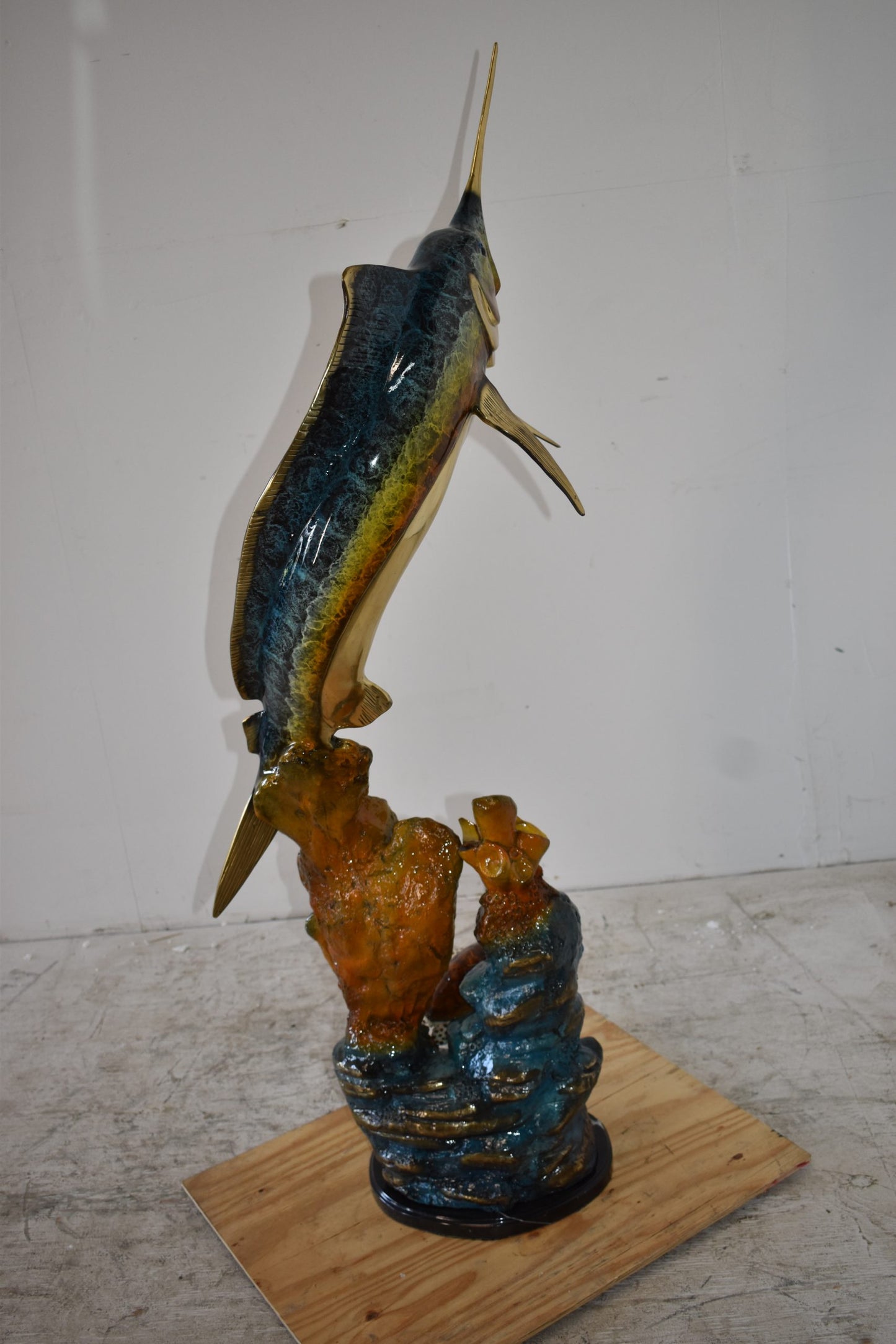 Marlin Fish and Turtle Swimming in the Ocean Bronze Statue Size 20" x 18" x 53"H