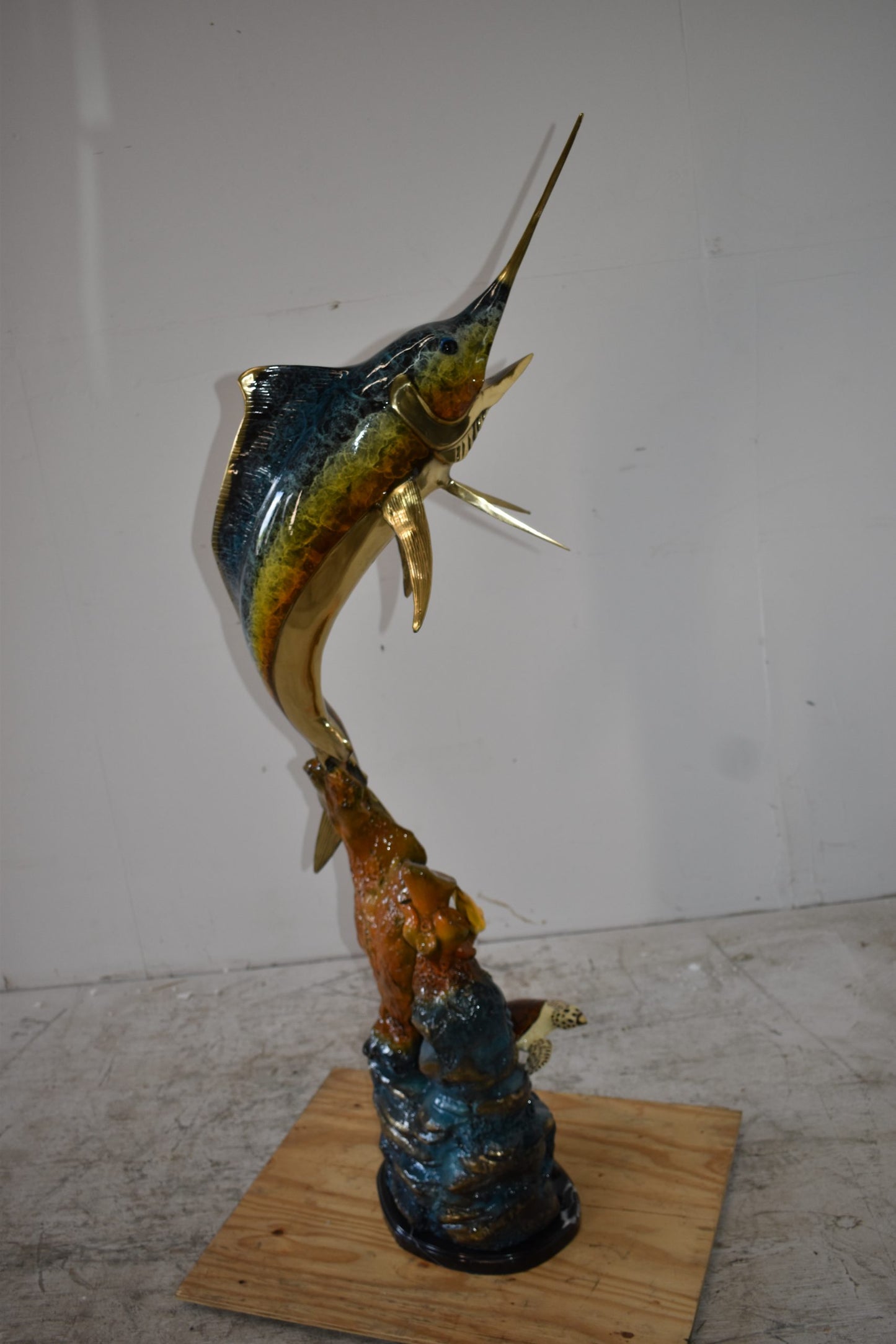Marlin Fish and Turtle Swimming in the Ocean Bronze Statue Size 20" x 18" x 53"H