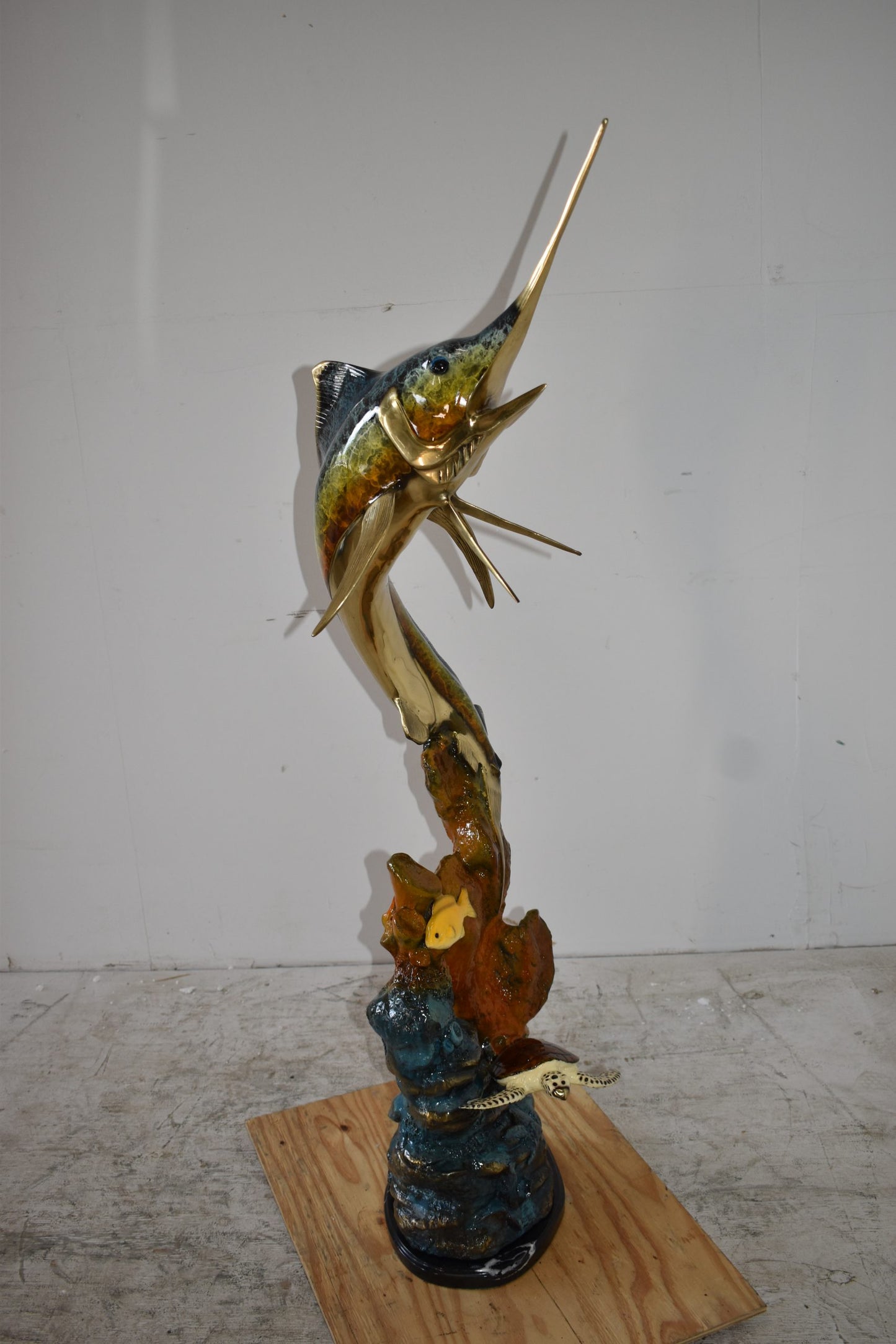 Marlin Fish and Turtle Swimming in the Ocean Bronze Statue Size 20" x 18" x 53"H