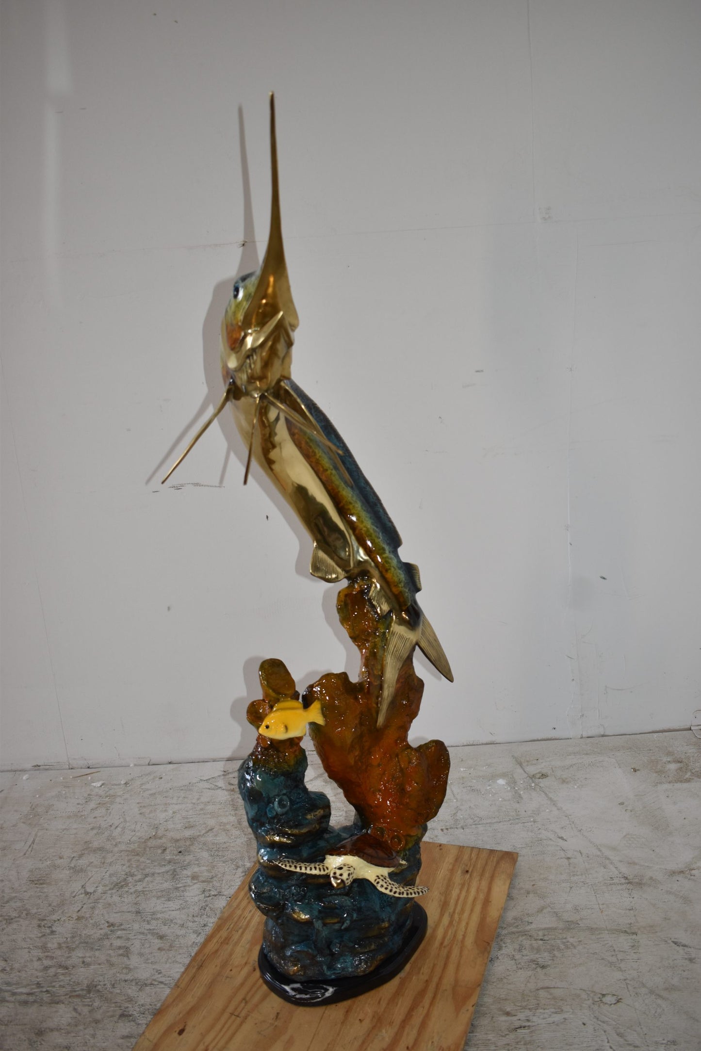 Marlin Fish and Turtle Swimming in the Ocean Bronze Statue Size 20" x 18" x 53"H