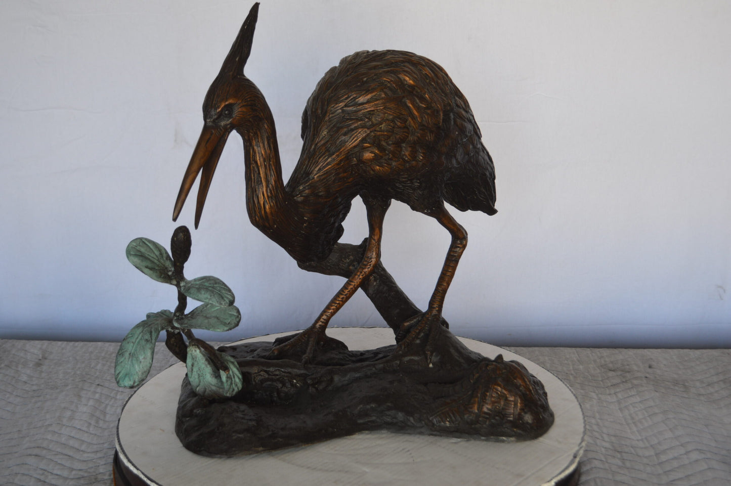 Crane on a Tree Bronze Statue -  Size: 24"L x 20"W x 21"H.
