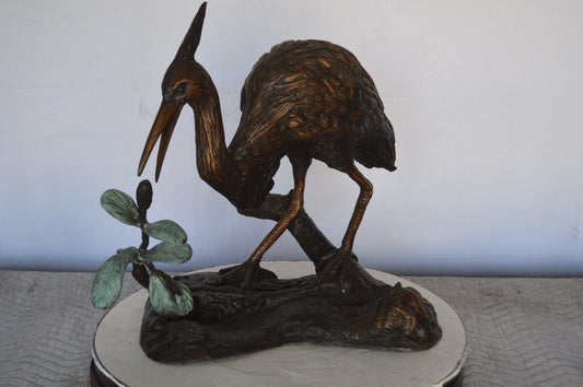 Crane on a Tree Bronze Statue - Size: 24"L x 20"W x 21"H.
