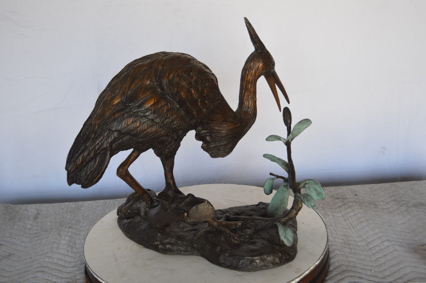 Crane on a Tree Bronze Statue -  Size: 24"L x 20"W x 21"H.
