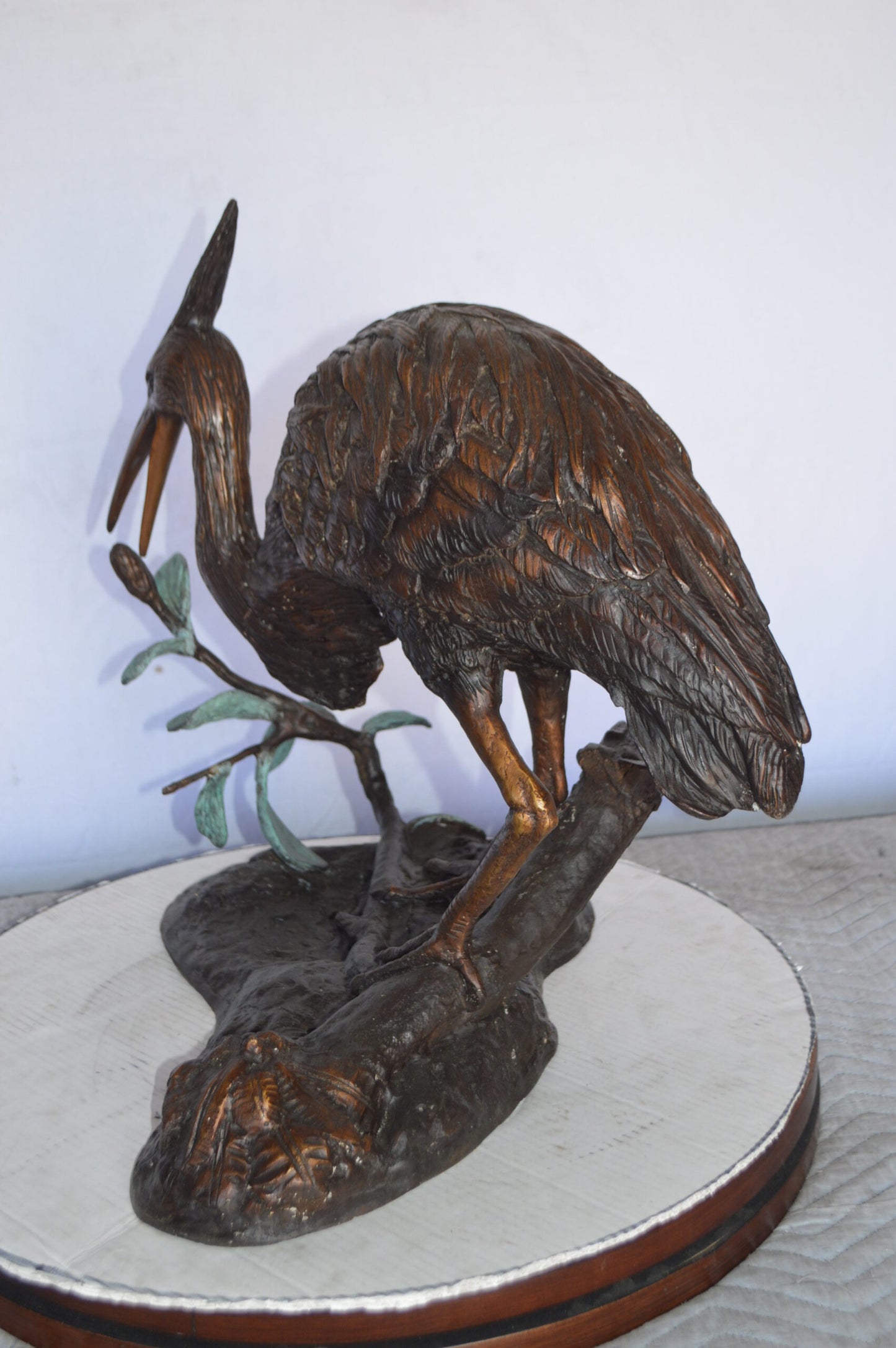 Crane on a Tree Bronze Statue -  Size: 24"L x 20"W x 21"H.