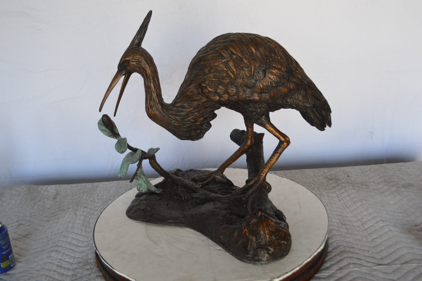 Crane on a Tree Bronze Statue -  Size: 24"L x 20"W x 21"H.