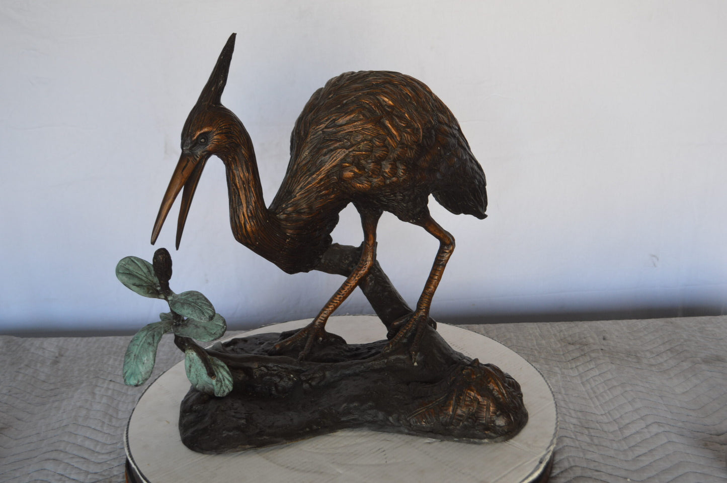 Crane on a Tree Bronze Statue - Size: 24"L x 20"W x 21"H.