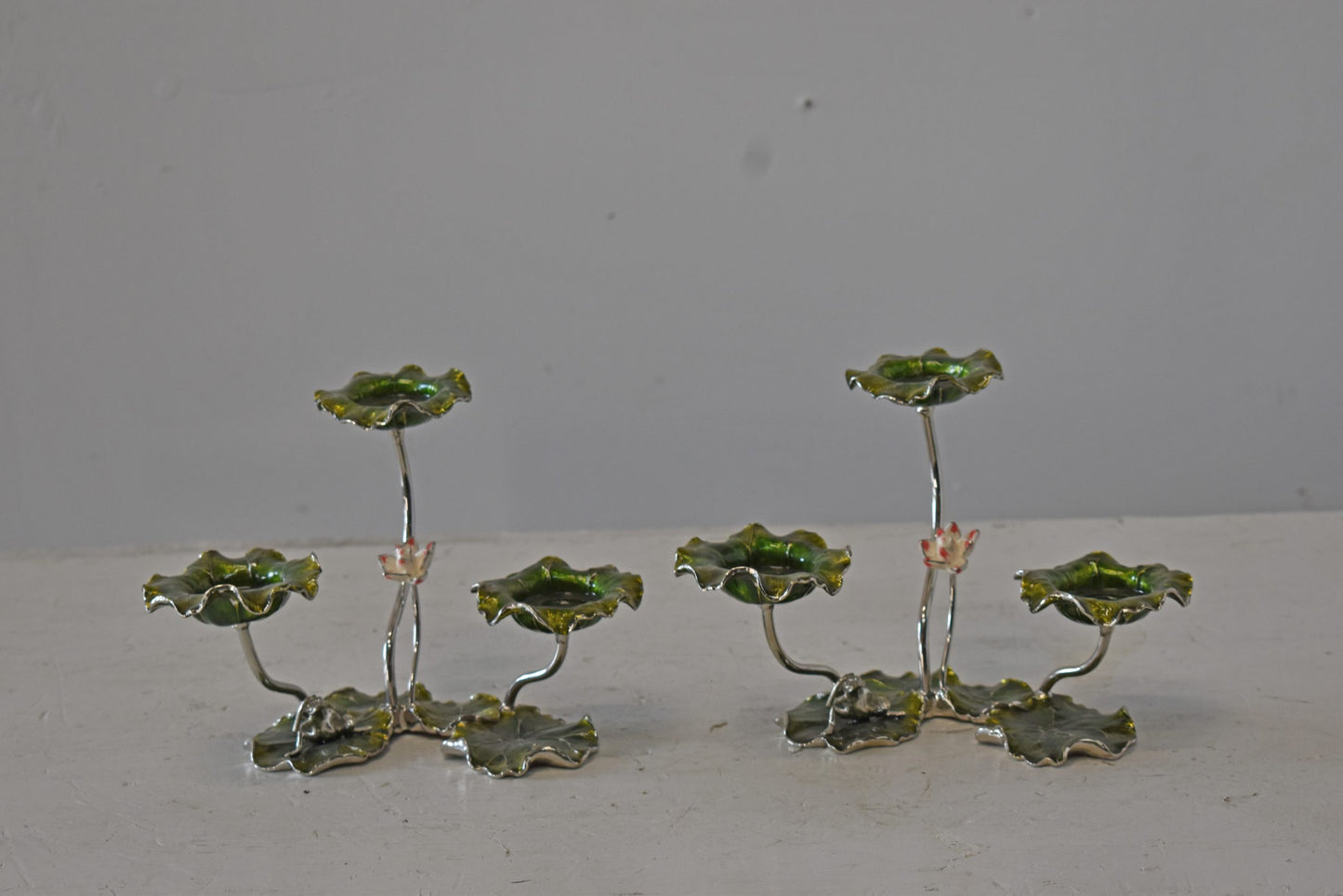 Two Sets of Candle Holders Made of Enameled Metal Size: 8" x 5" x 6"H