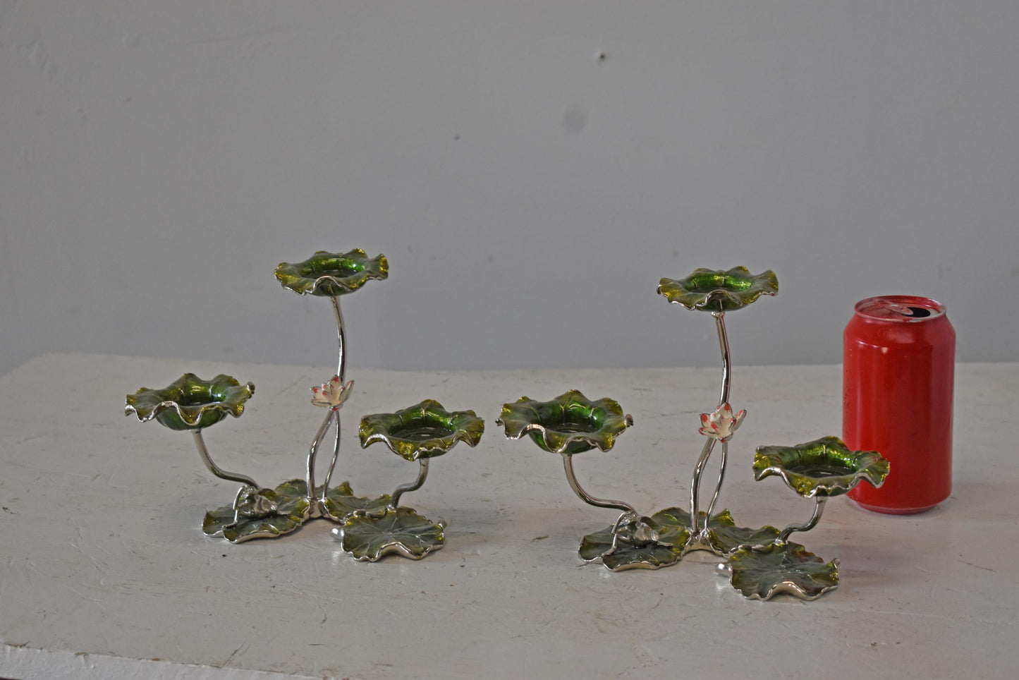 Two Sets of Candle Holders Made of Enameled Metal Size: 8" x 5" x 6"H