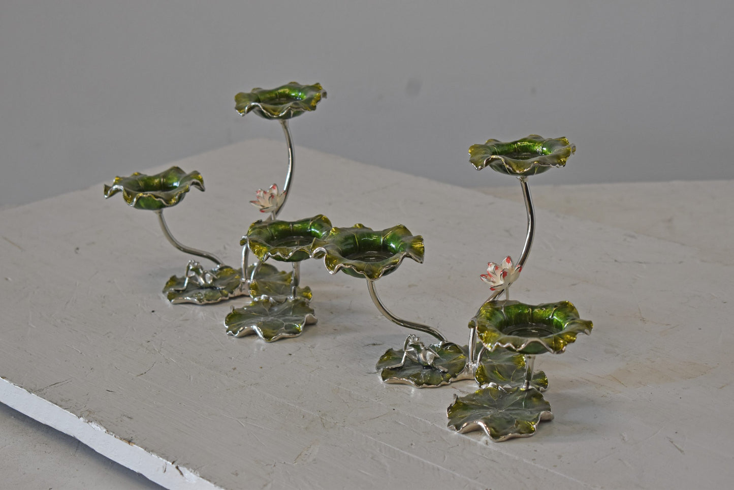 Two Sets of Candle Holders Made of Enameled Metal Size: 8" x 5" x 6"H