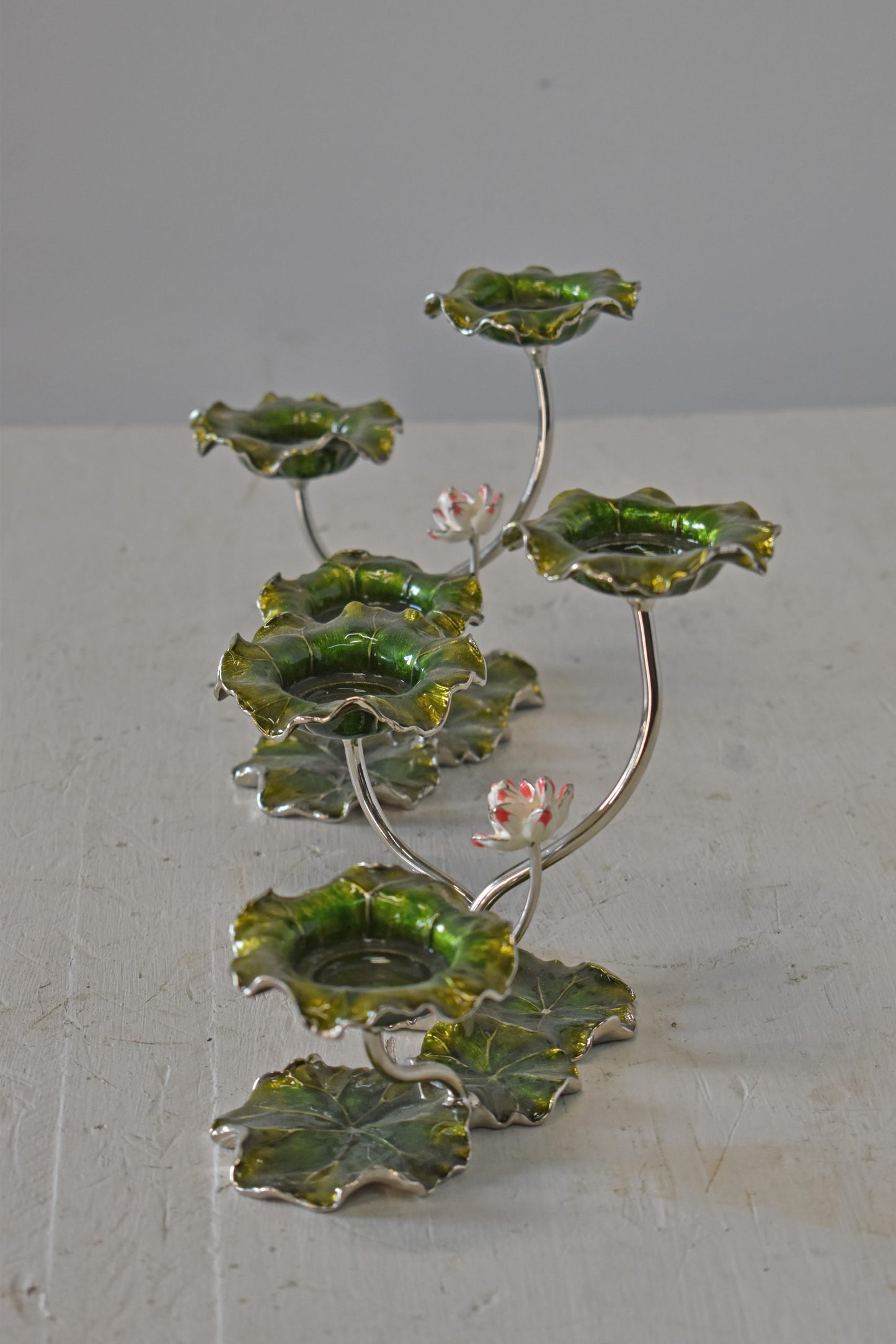 Two Sets of Candle Holders Made of Enameled Metal Size: 8" x 5" x 6"H