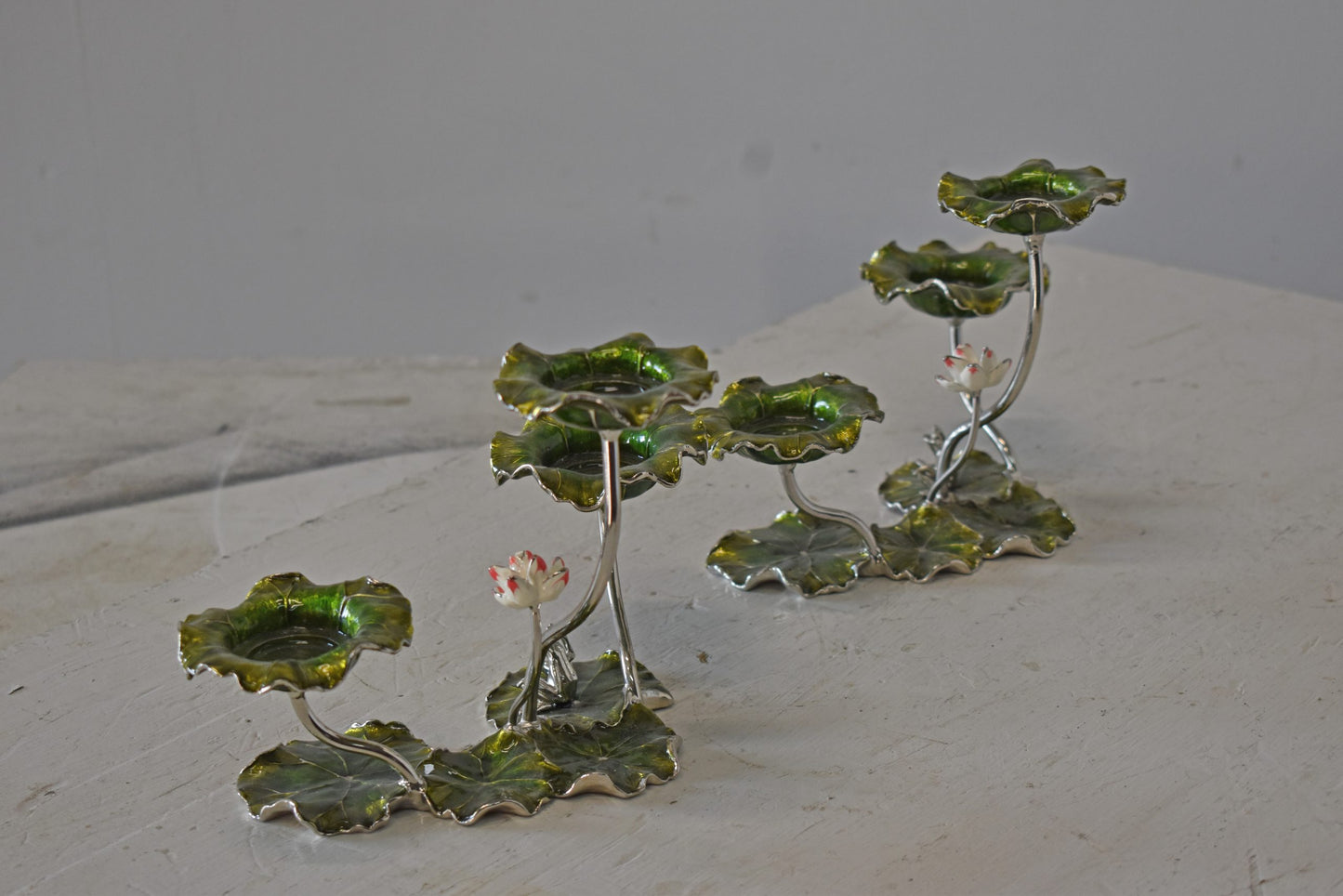 Two Sets of Candle Holders Made of Enameled Metal Size: 8" x 5" x 6"H