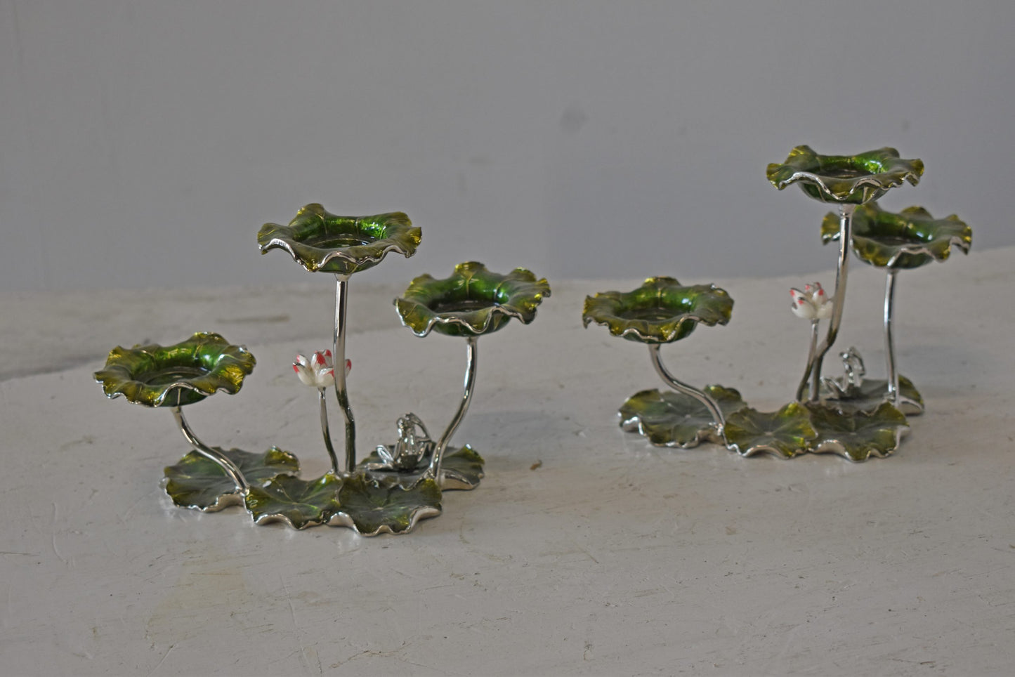 Two Sets of Candle Holders Made of Enameled Metal Size: 8" x 5" x 6"H