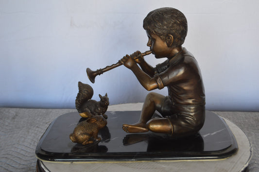 Boy With Rabbit And Squirrel Bronze Statue -  Size: 22"L x 13"W x 16"H.