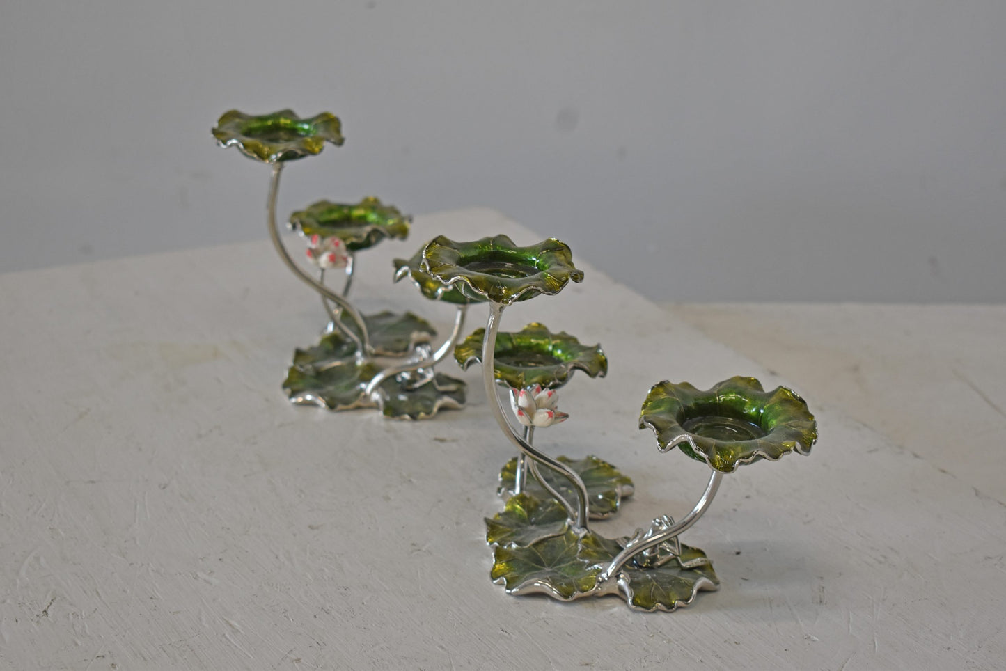 Two Sets of Candle Holders Made of Enameled Metal Size: 8" x 5" x 6"H