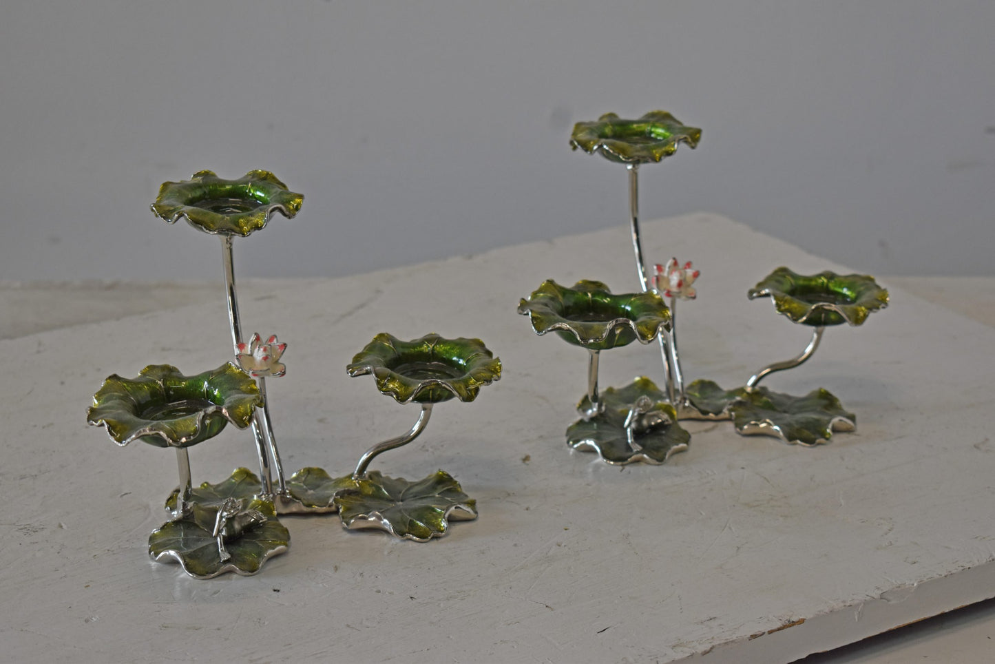 Two Sets of Candle Holders Made of Enameled Metal Size: 8" x 5" x 6"H