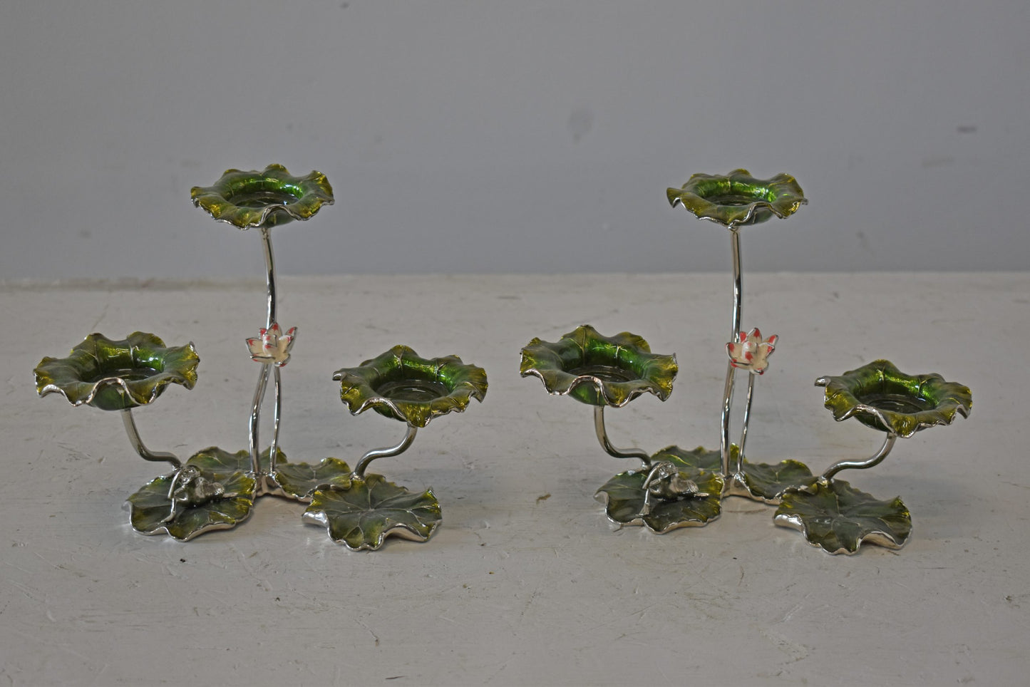 Two Sets of Candle Holders Made of Enameled Metal Size: 8" x 5" x 6"H