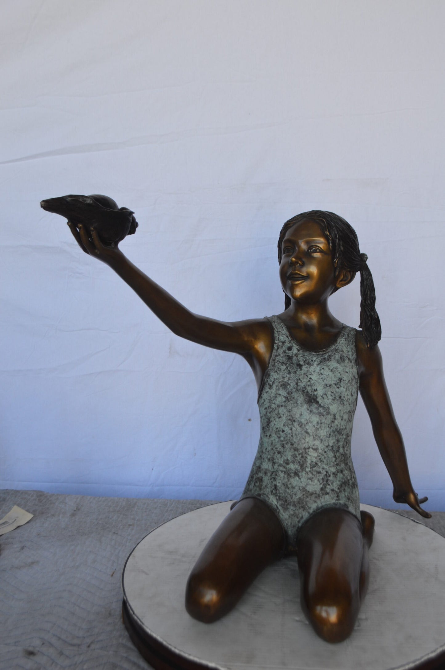 Sitting Girl Holding Shell Bronze Statue Fountain -  Size: 32"L x 22"W x 25"H.