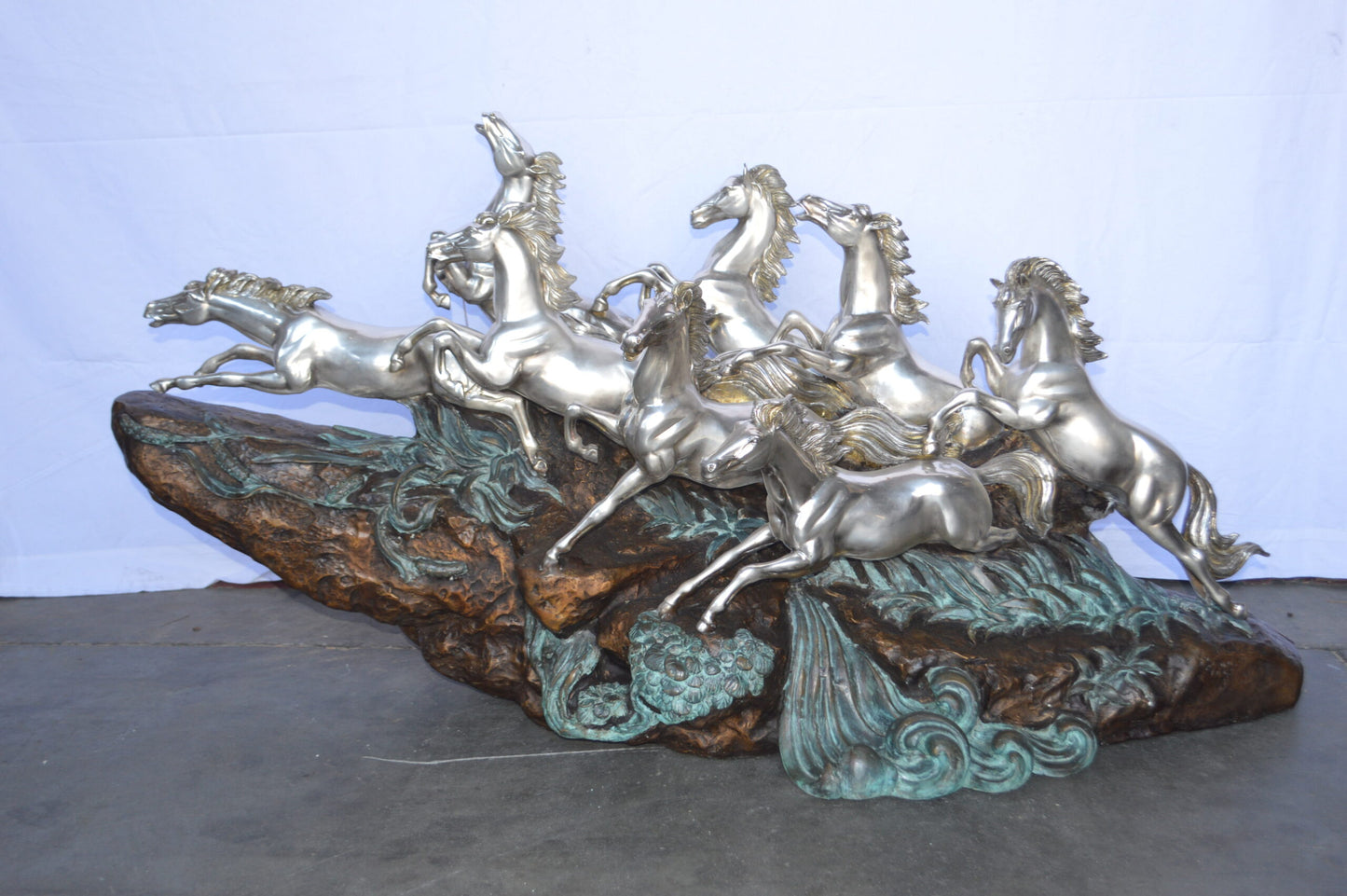 Eight Horses Running Bronze Statue Silver Finish -  Size: 59"L x 20"W x 28"H.
