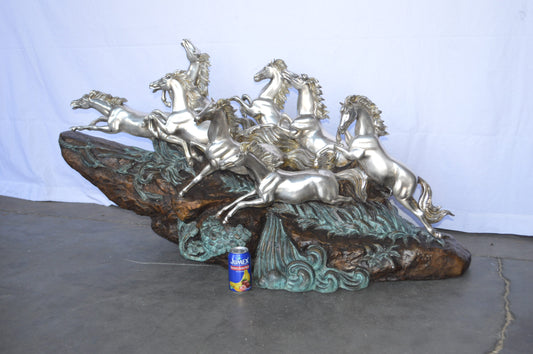 Eight Horses Running Bronze Statue Silver Finish -  Size: 59"L x 20"W x 28"H.