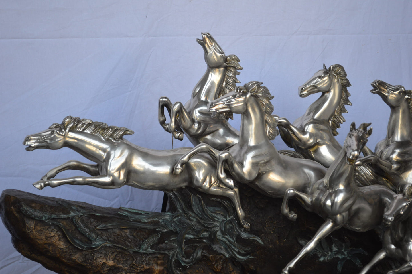 Eight Horses Running Bronze Statue Silver Finish -  Size: 59"L x 20"W x 28"H.