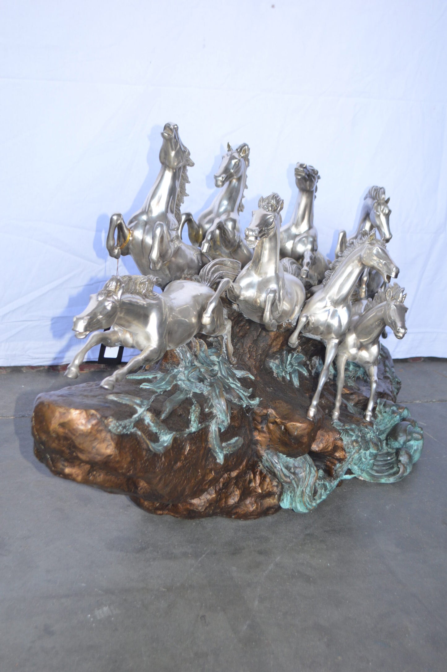 Eight Horses Running Bronze Statue Silver Finish -  Size: 59"L x 20"W x 28"H.