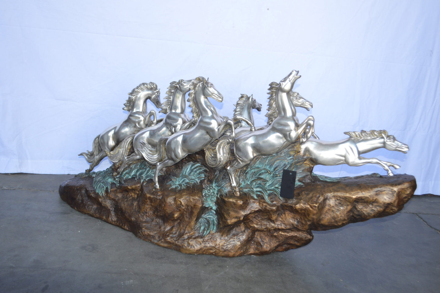 Eight Horses Running Bronze Statue Silver Finish -  Size: 59"L x 20"W x 28"H.