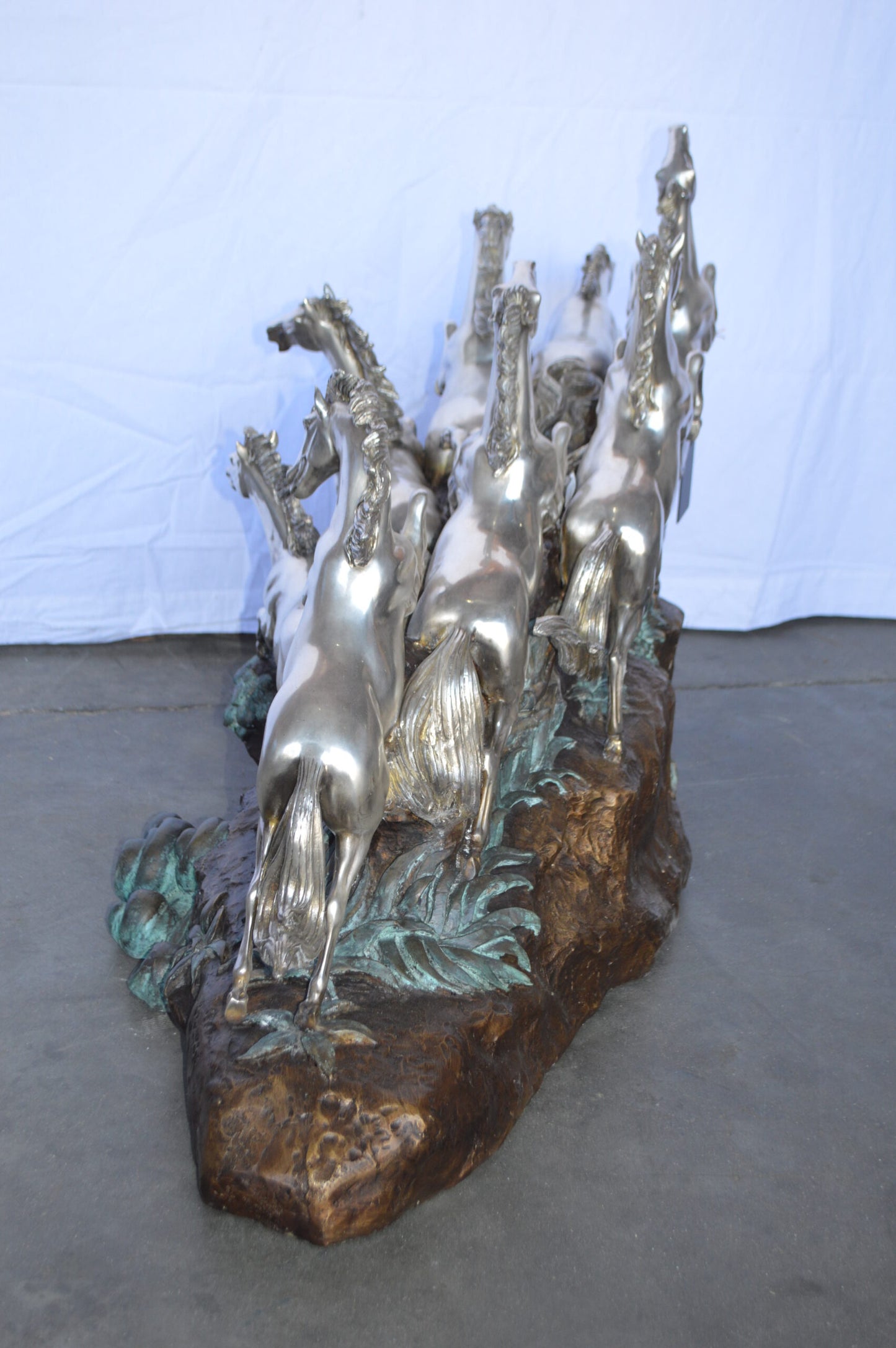 Eight Horses Running Bronze Statue Silver Finish -  Size: 59"L x 20"W x 28"H.