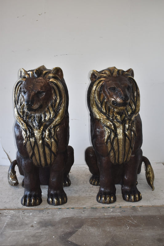 A Pair of Giant Lions with Gold Mane Bronze Statues Size: 36" x 46" x 58"H
