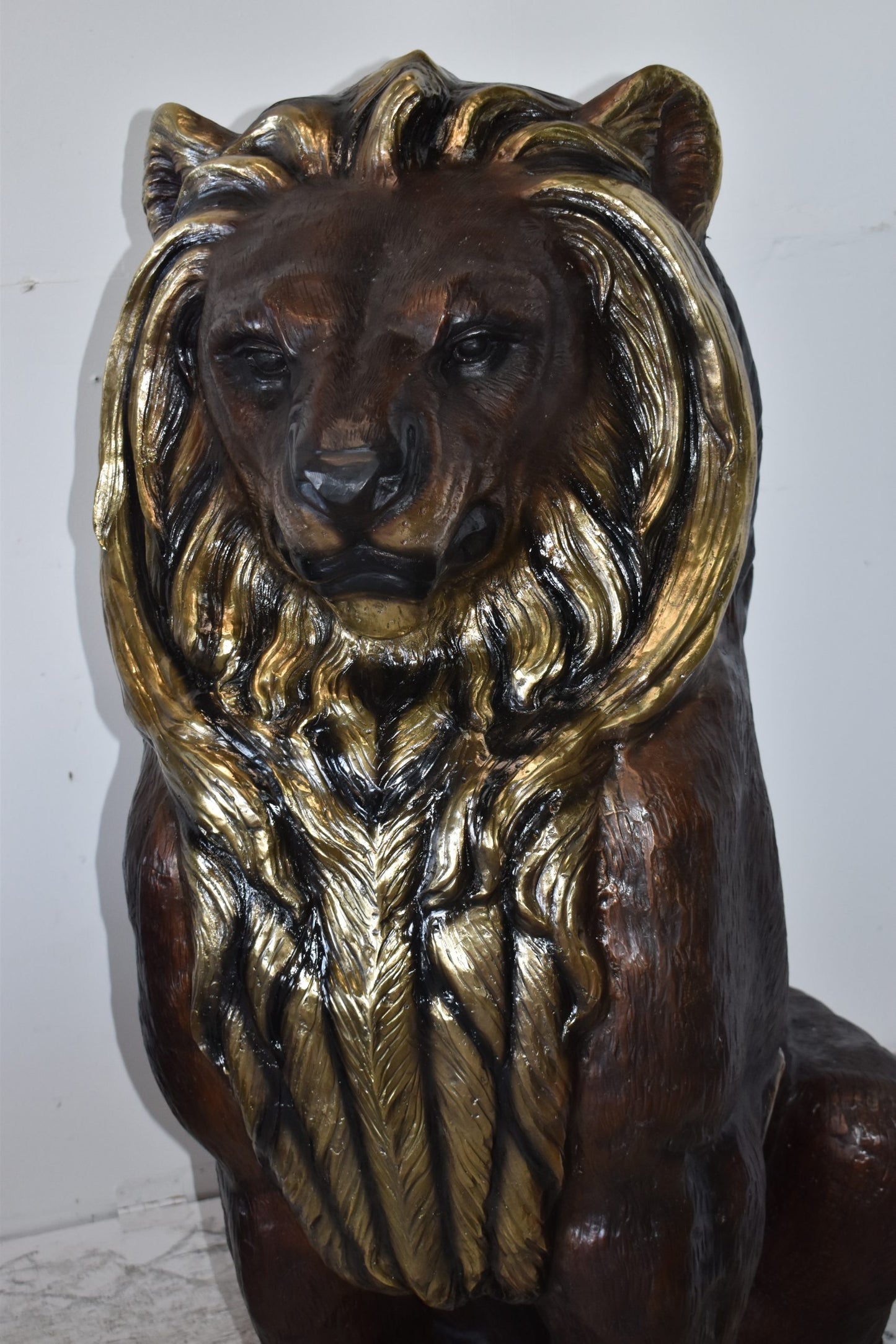 A Pair of Giant Lions with Gold Mane Bronze Statues Size: 36" x 46" x 58"H