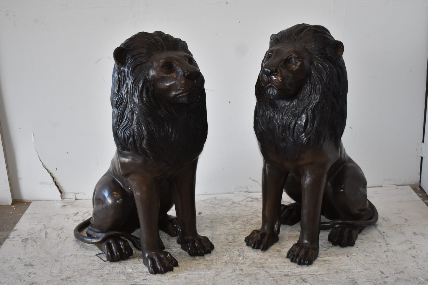 A Pair of Large Lions Sitting Side by Side Bronze Statues Size: 23" x 33" x 46"H