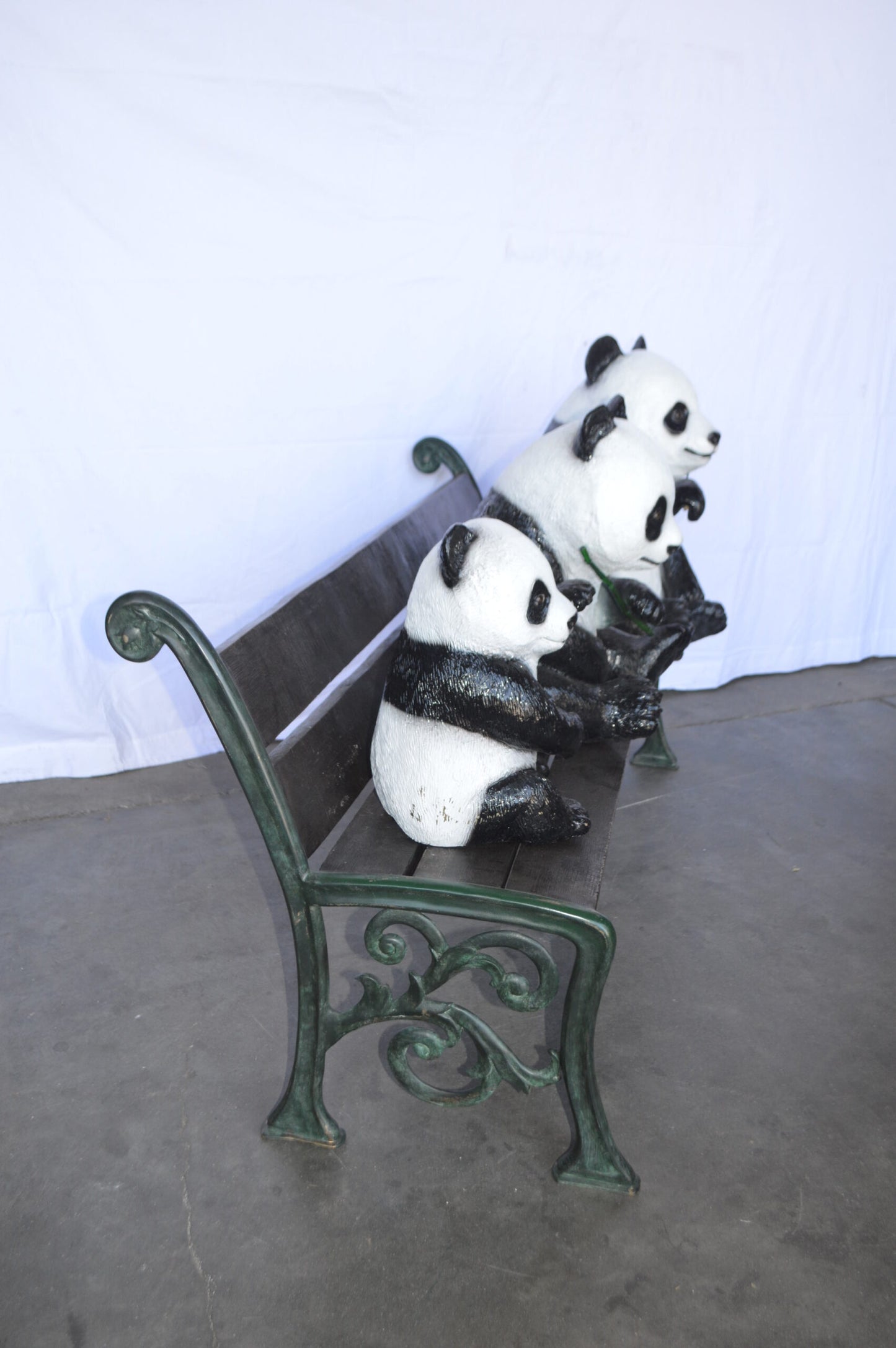 Three Panda Bears Sitting on Bench Bronze Statue - Size: 53"L x 28"W x 36"H.