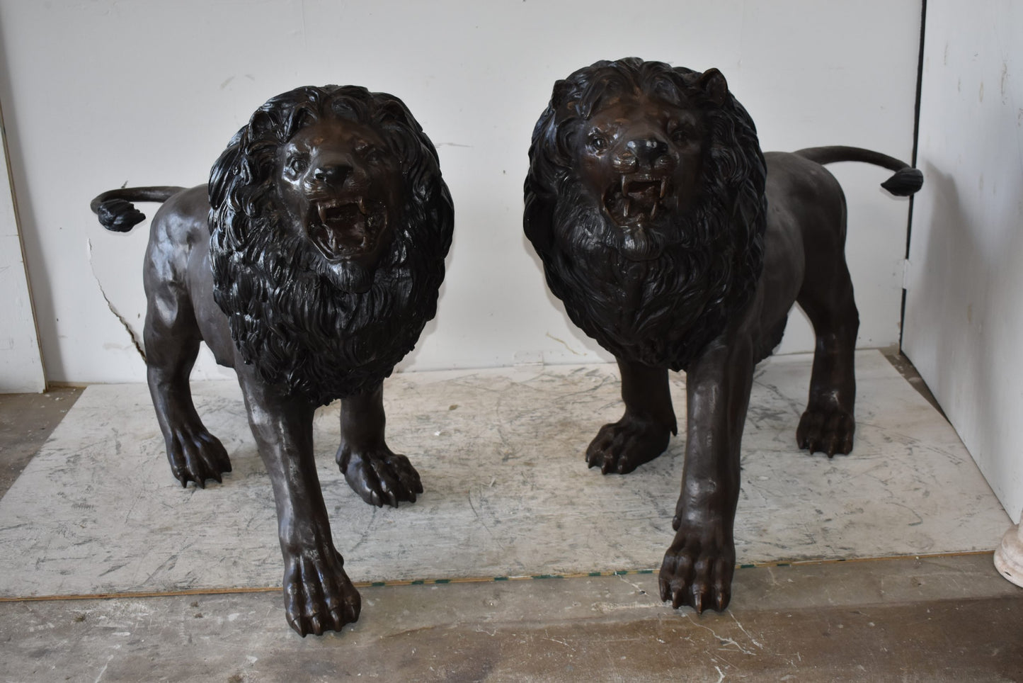A Pair of Large Lions Walking Side by Side Bronze Statues Size: 24" x 60" x 41"H