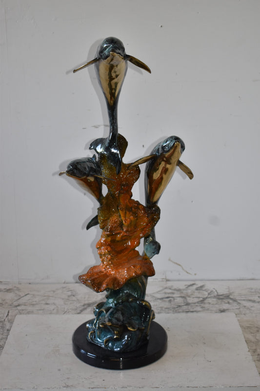 Three Large Dolphins on A Coral Bronze Statue Size: 20" x 18" x 41"H
