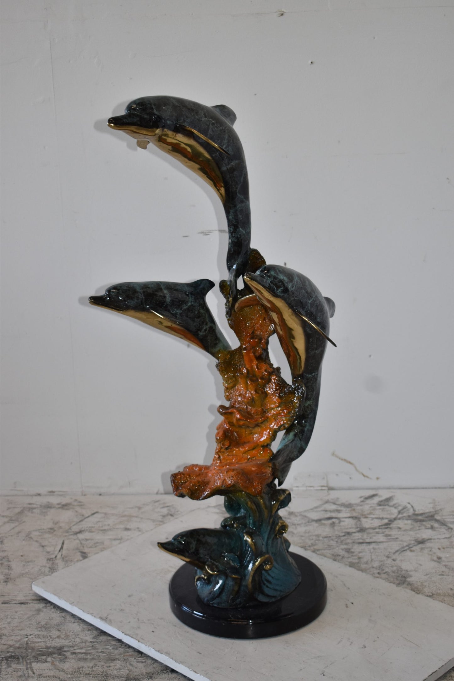 Three Large Dolphins on A Coral Bronze Statue Size: 20" x 18" x 41"H
