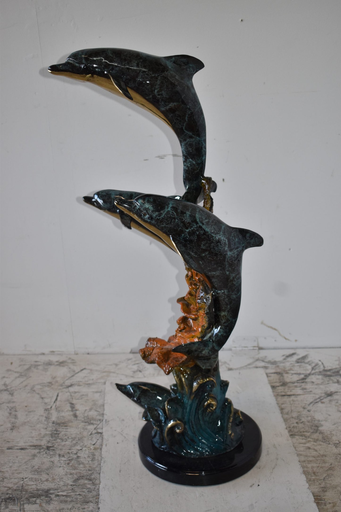Three Large Dolphins on A Coral Bronze Statue Size: 20" x 18" x 41"H