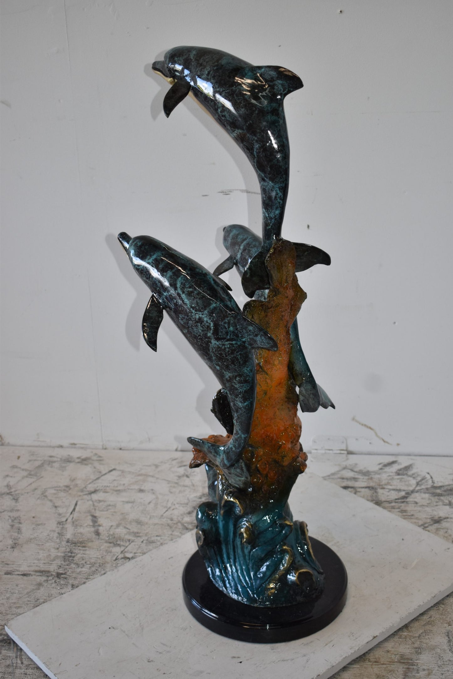 Three Large Dolphins on A Coral Bronze Statue Size: 20" x 18" x 41"H