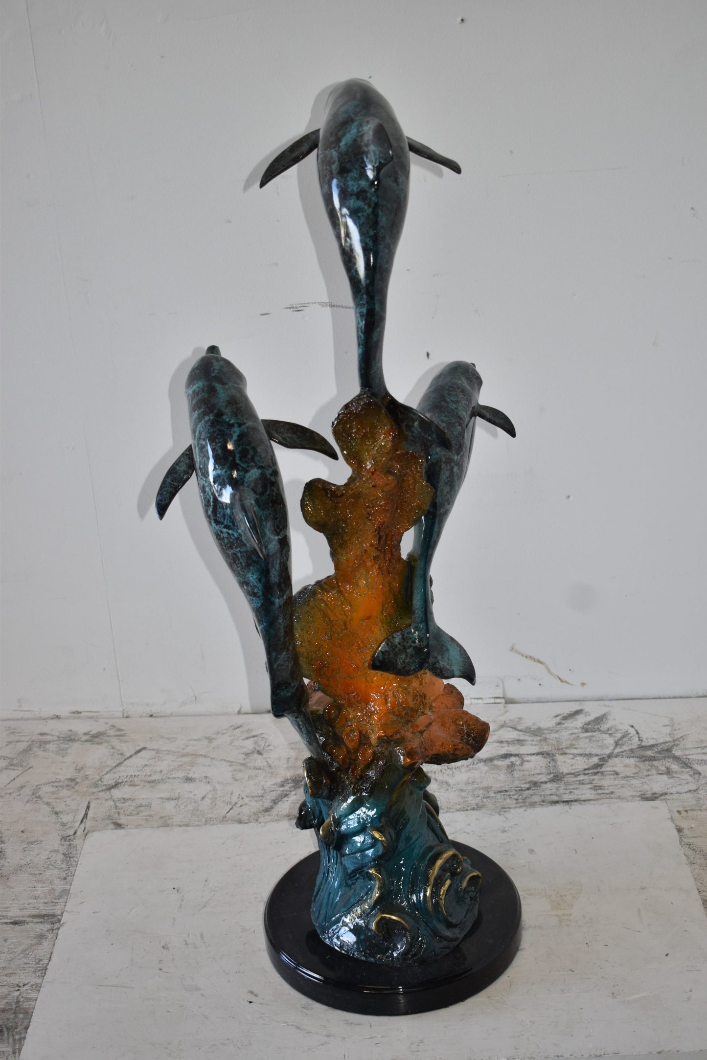 Three Large Dolphins on A Coral Bronze Statue Size: 20" x 18" x 41"H