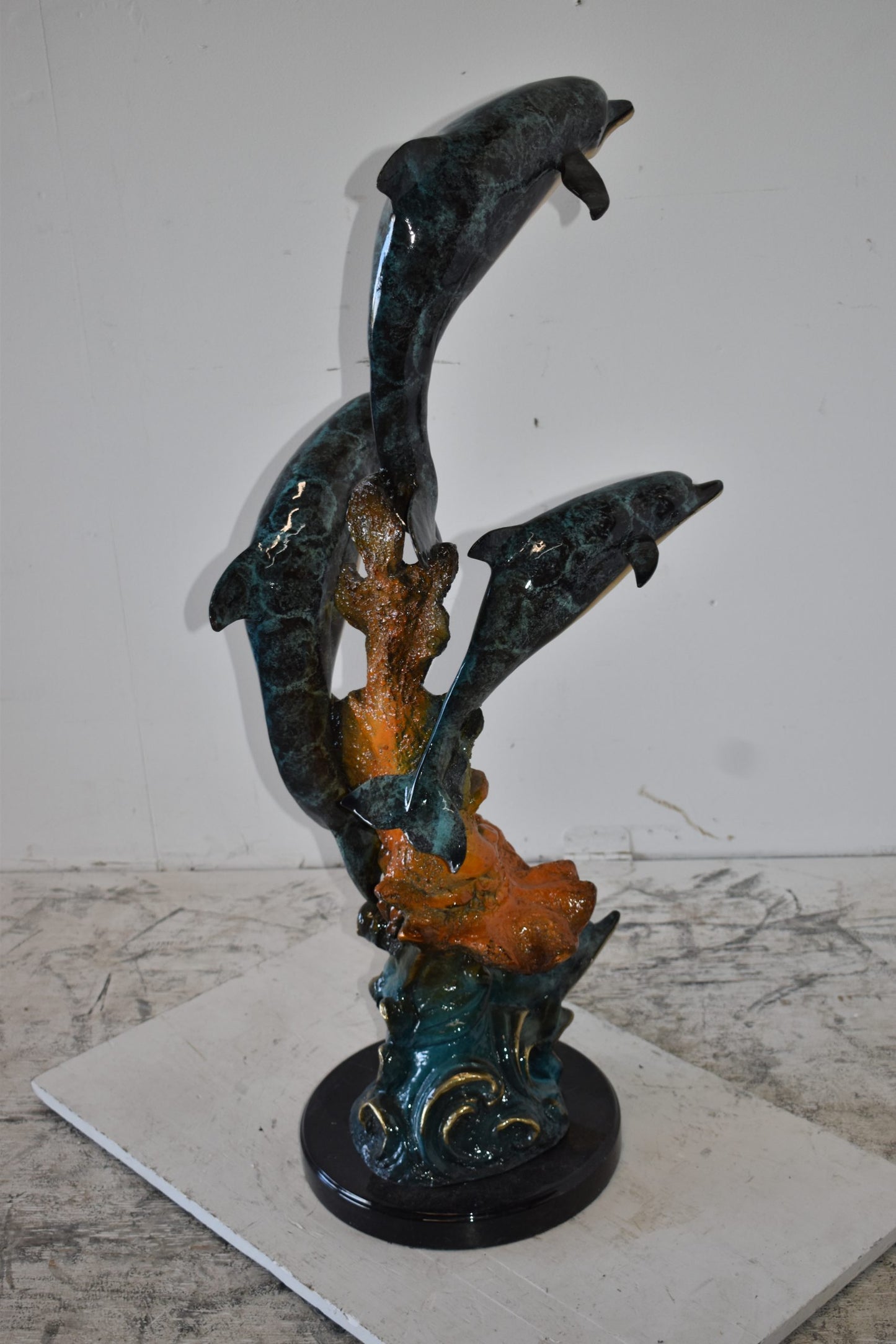Three Large Dolphins on A Coral Bronze Statue Size: 20" x 18" x 41"H