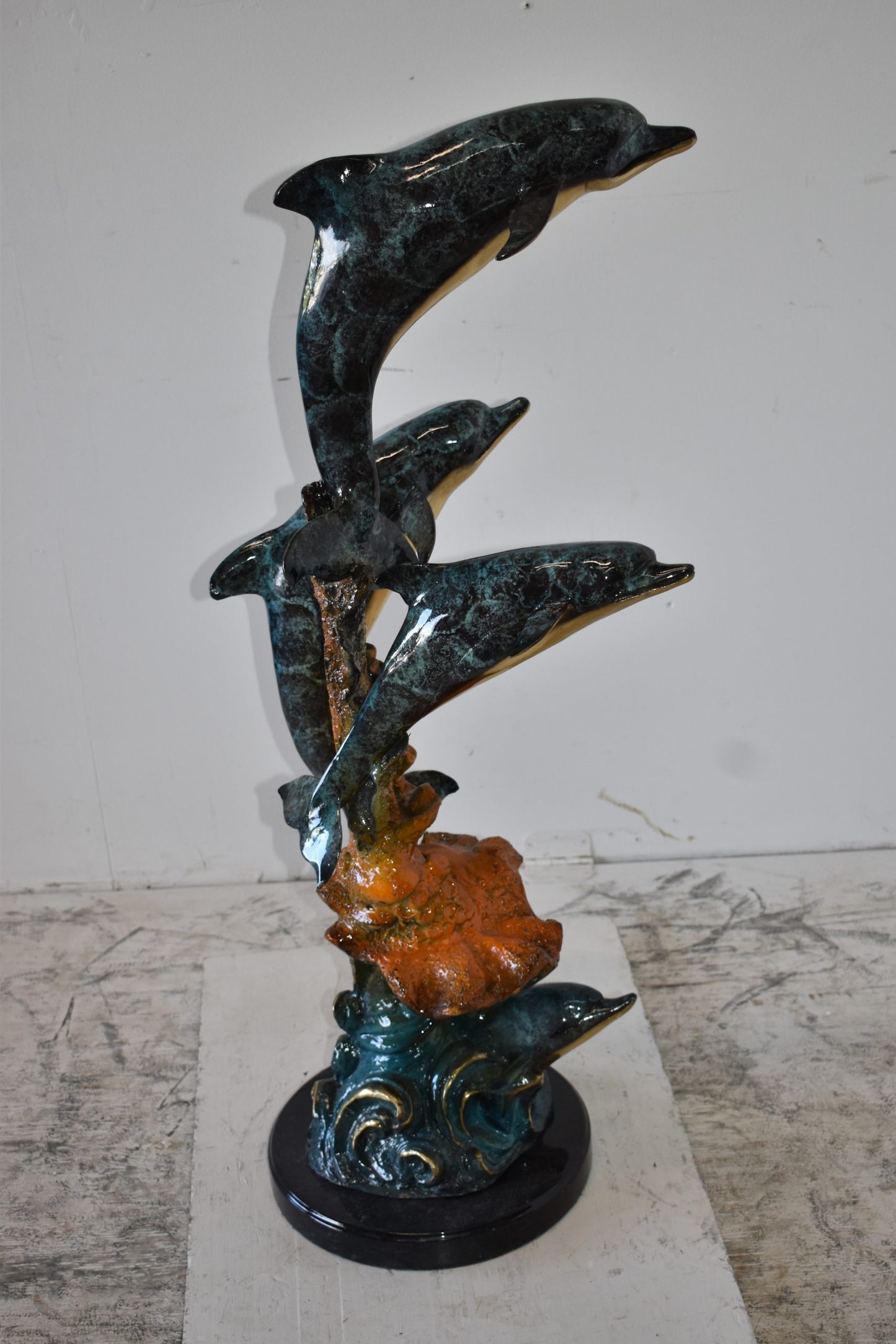 Three Large Dolphins on A Coral Bronze Statue Size: 20" x 18" x 41"H