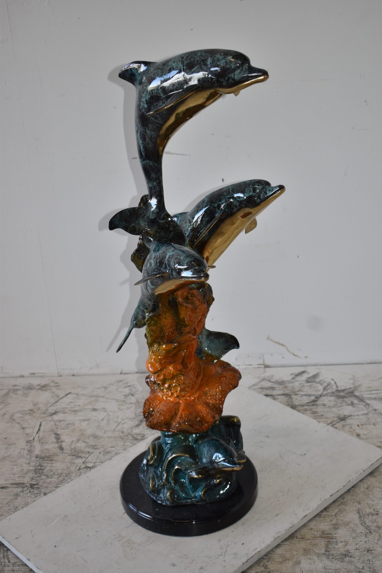 Three Large Dolphins on A Coral Bronze Statue Size: 20" x 18" x 41"H